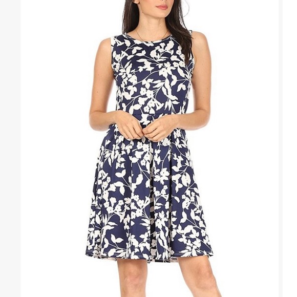 Navy & White Floral Sleeveless Dress, M - Picture 1 of 5